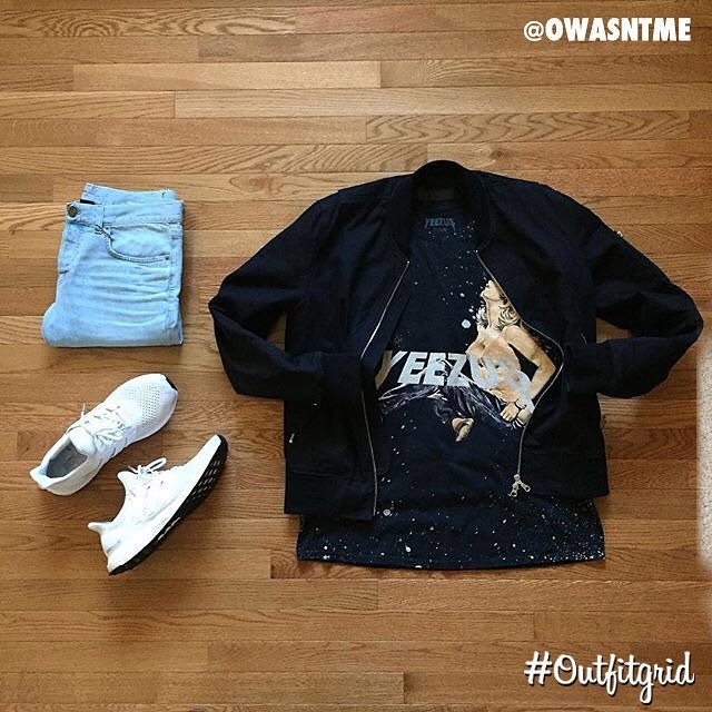Today’s top #outfitgrid is by @owasntme. ▫️#MkiMiyukiZoku #Bomber ▫️#YeezusTour #Tee ▫️#YSL #Denim ▫️#Adidas #UltraBoost