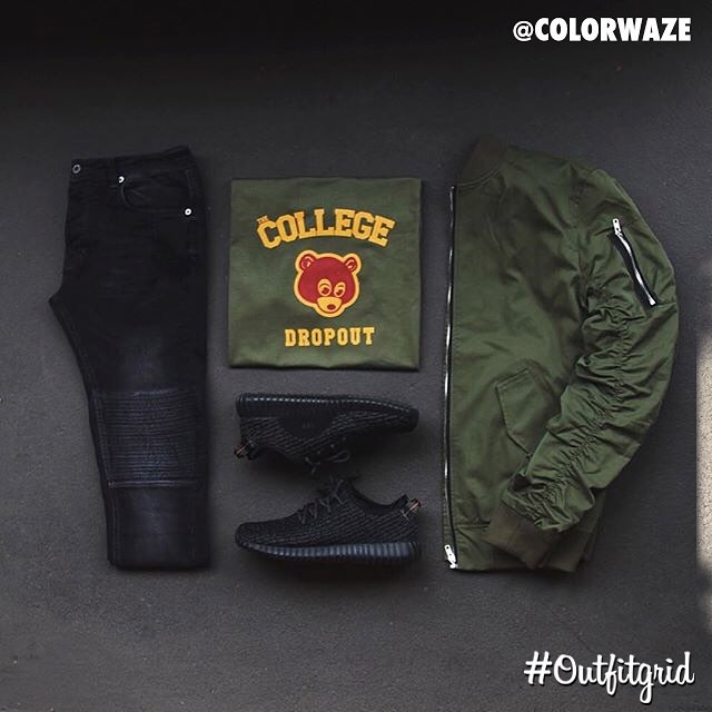 Today’s top #outfitgrid is by @colorwaze.
▫️#Zara #Denim
▫️#CollegeDropout #Tee
▫️#FinallyMade #Bombed
▫️#Kanye x #Adidas #YeezyBoost350